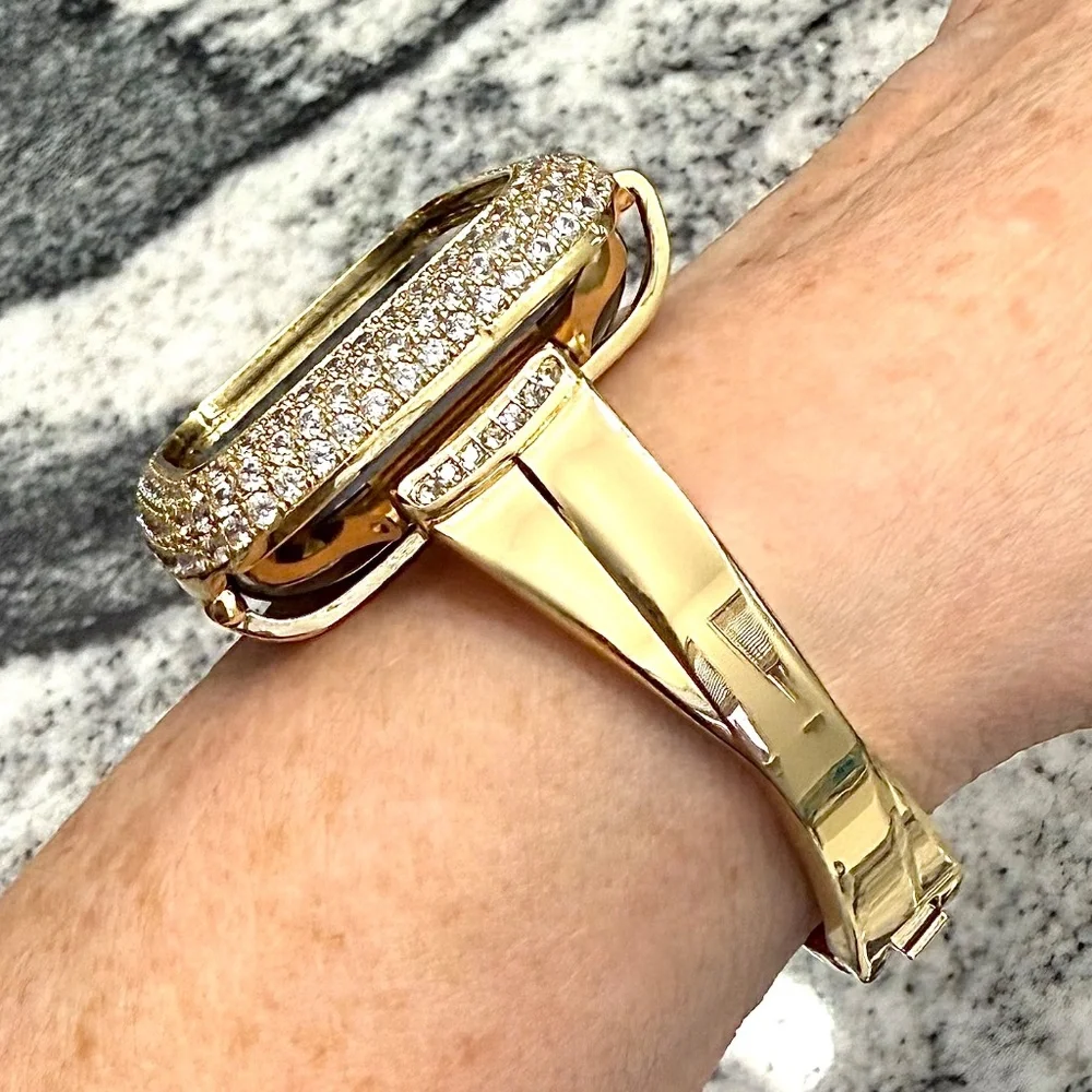 2 pc Apple Watch set yellow gold lab diamond case and crystal band classy bling